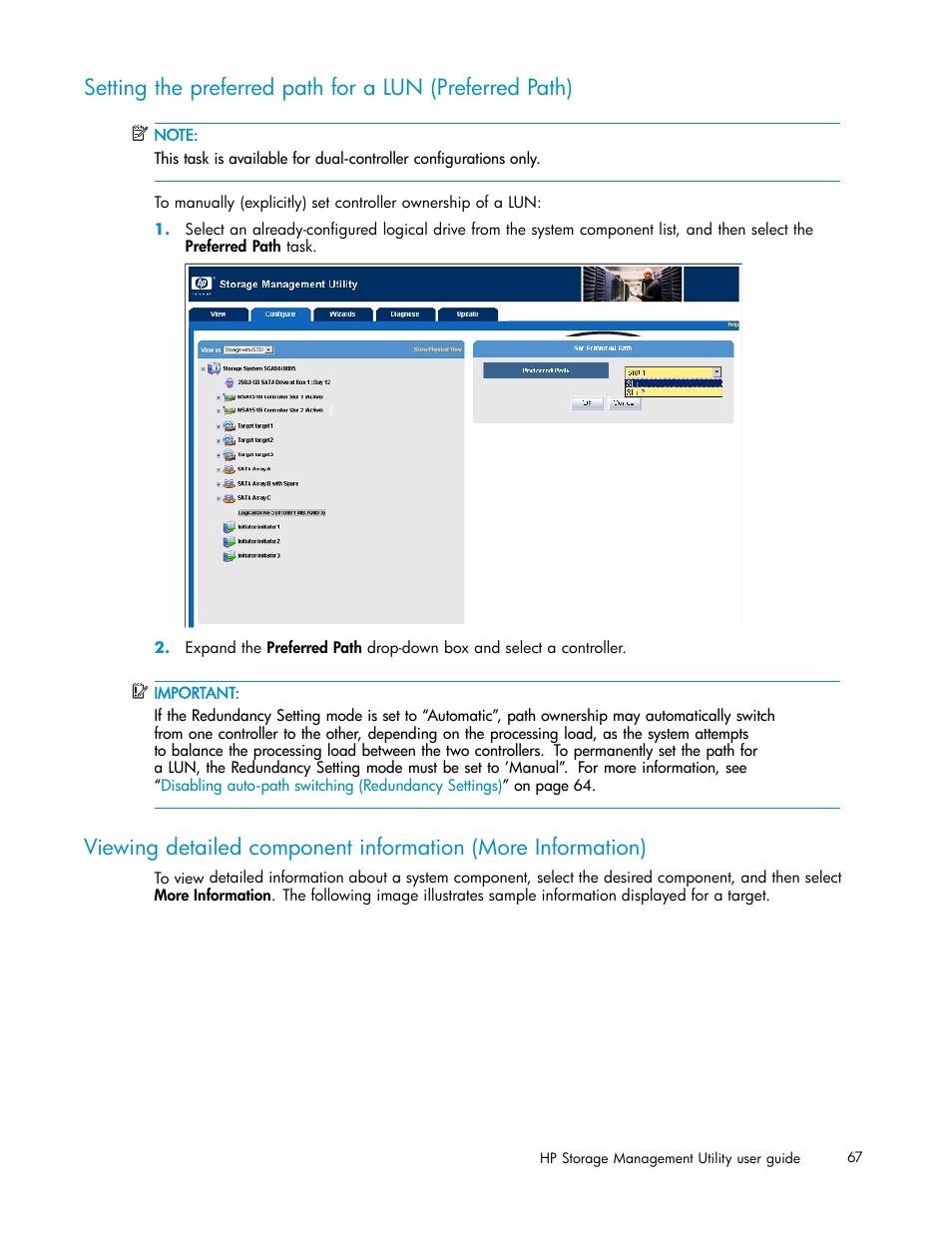 Setting the preferred path (preferred path) | HP StorageWorks 1510i Modular Smart Array User Manual | Page 67 / 99