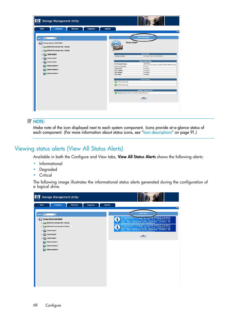 Viewing status alerts (view all status alerts) | HP StorageWorks 1510i Modular Smart Array User Manual | Page 68 / 99