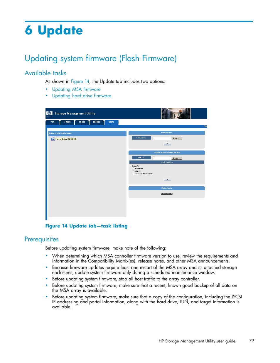 6 update, Available tasks, Prerequisites | Updating system firmware (flash firmware), 14 update tab—task listing, Update | HP StorageWorks 1510i Modular Smart Array User Manual | Page 79 / 99