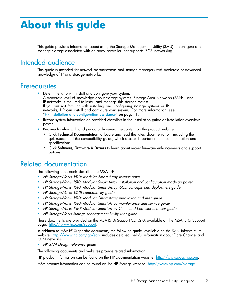 About this guide, Intended audience, Prerequisites | Related documentation | HP StorageWorks 1510i Modular Smart Array User Manual | Page 9 / 99