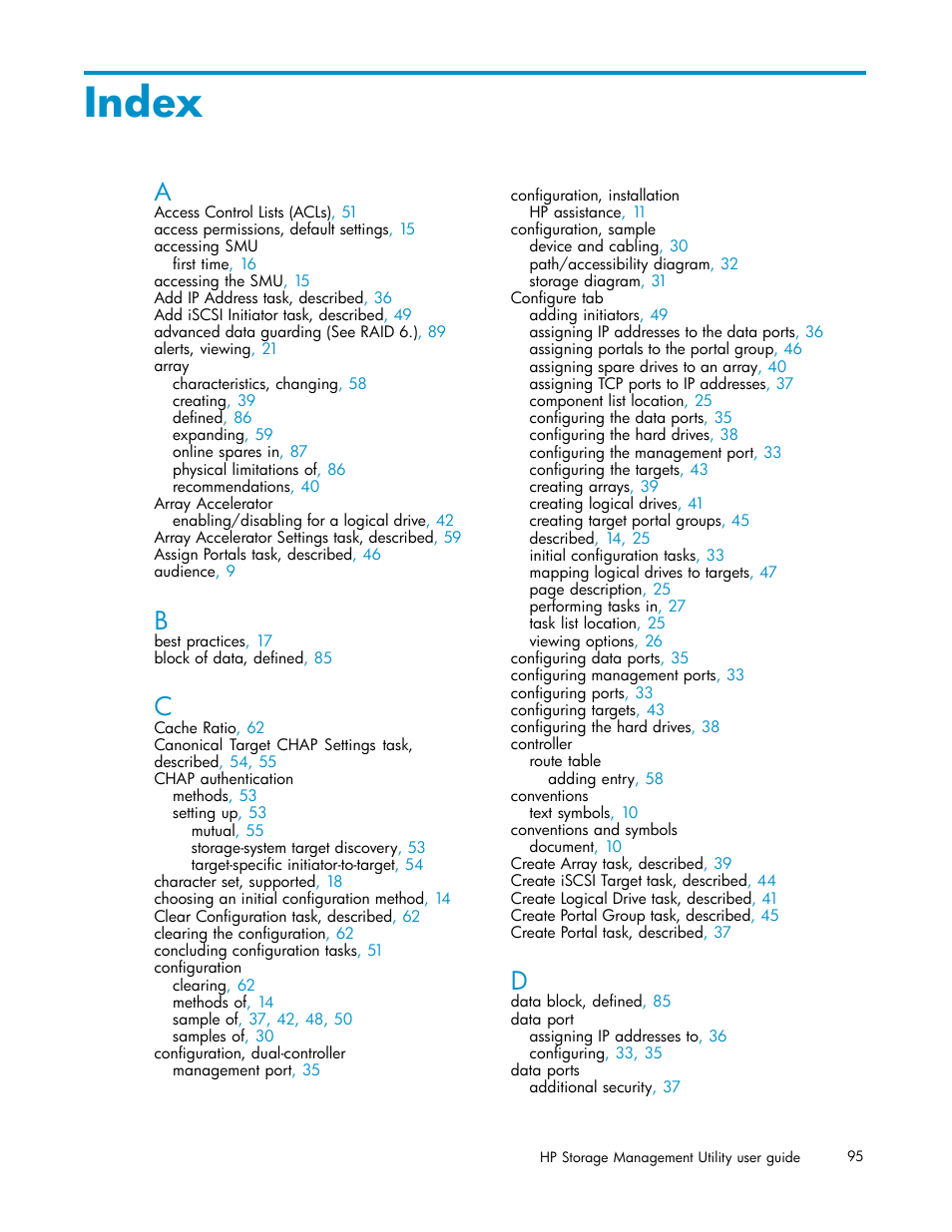 Index | HP StorageWorks 1510i Modular Smart Array User Manual | Page 95 / 99