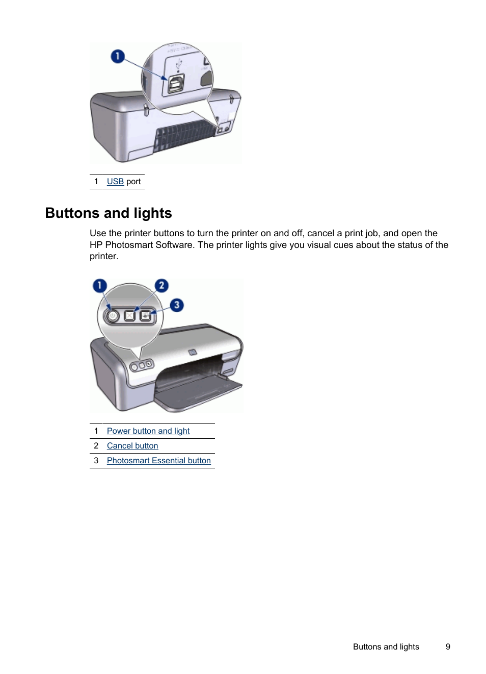 Buttons and lights | HP Deskjet D2445 Printer User Manual | Page 11 / 98