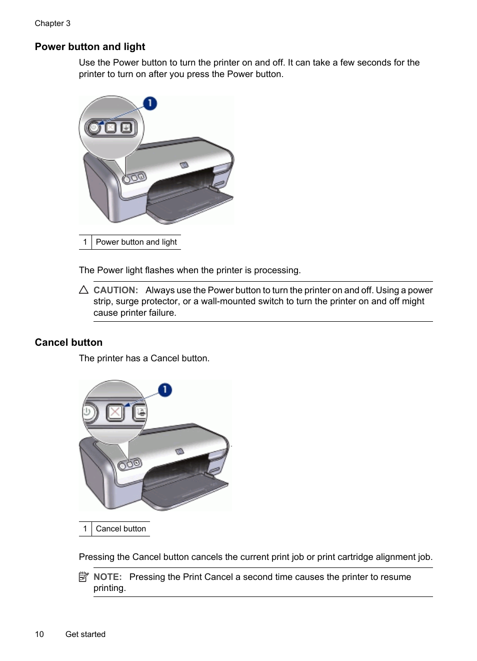 Power button and light, Cancel button | HP Deskjet D2445 Printer User Manual | Page 12 / 98