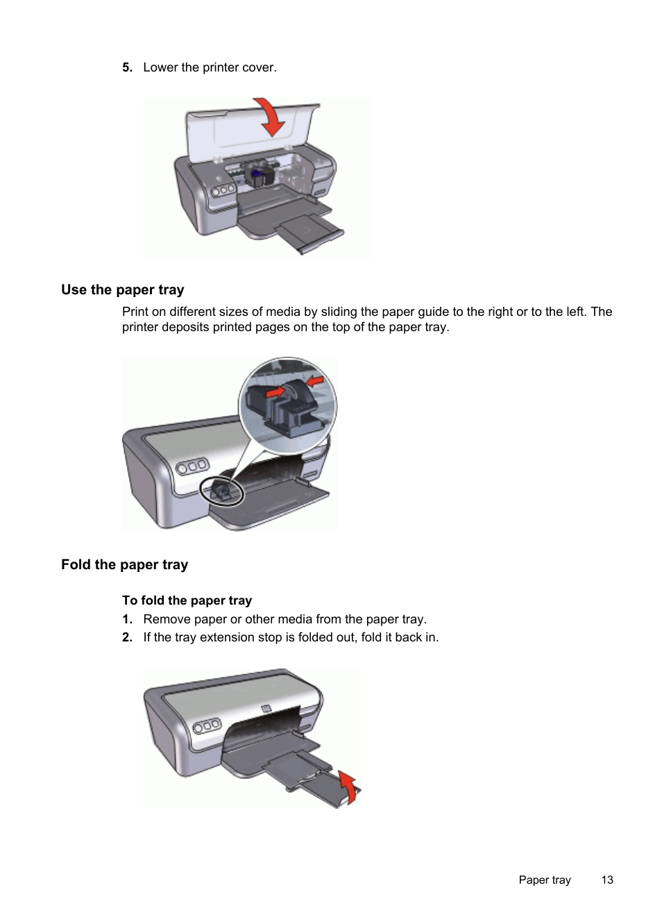 Use the paper tray, Fold the paper tray | HP Deskjet D2445 Printer User Manual | Page 15 / 98