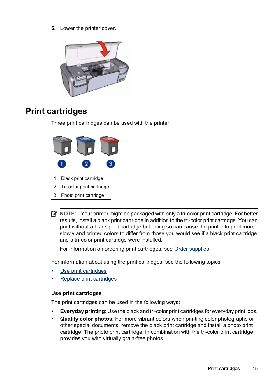 Print cartridges, Replace print cartridges | HP Deskjet D2445 Printer User Manual | Page 17 / 98