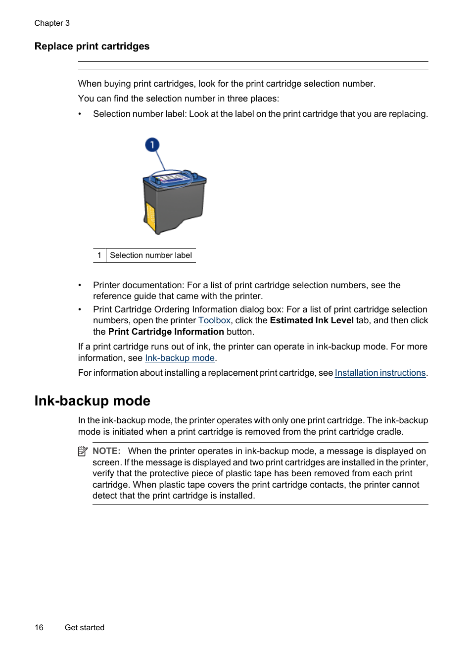 Replace print cartridges, Ink-backup mode, Ink-backup mode output exit ink-backup mode | HP Deskjet D2445 Printer User Manual | Page 18 / 98