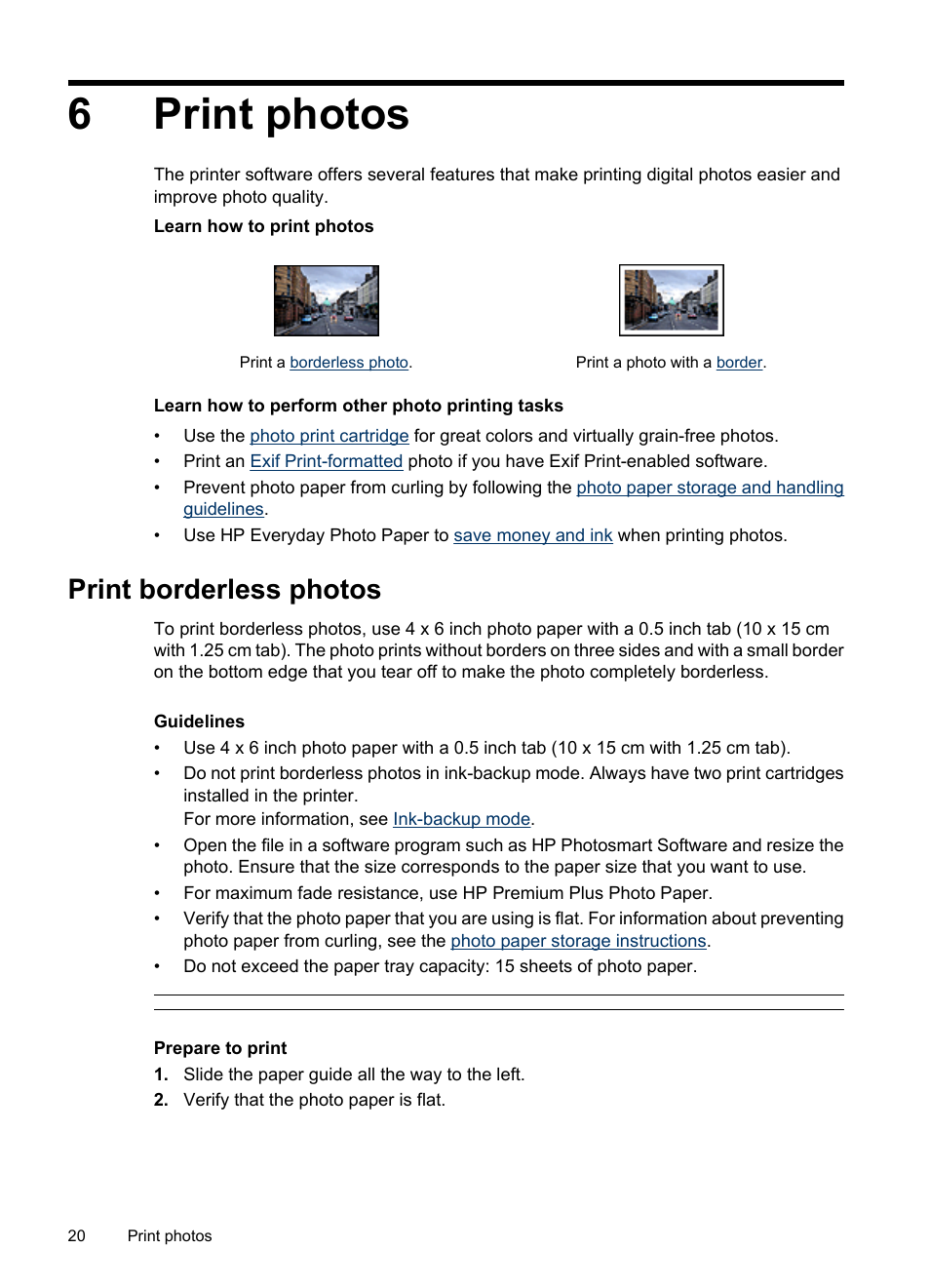 Print photos, Print borderless photos, 6 print photos | Borderless, 6print photos | HP Deskjet D2445 Printer User Manual | Page 22 / 98