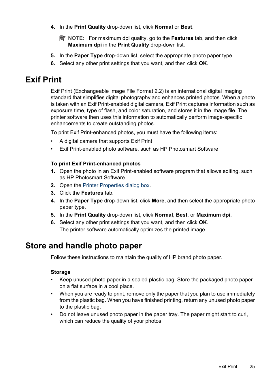 Exif print, Store and handle photo paper, Exif print store and handle photo paper | Exif print-formatted, Photo paper storage and handling, Guidelines, Photo paper storage instructions | HP Deskjet D2445 Printer User Manual | Page 27 / 98