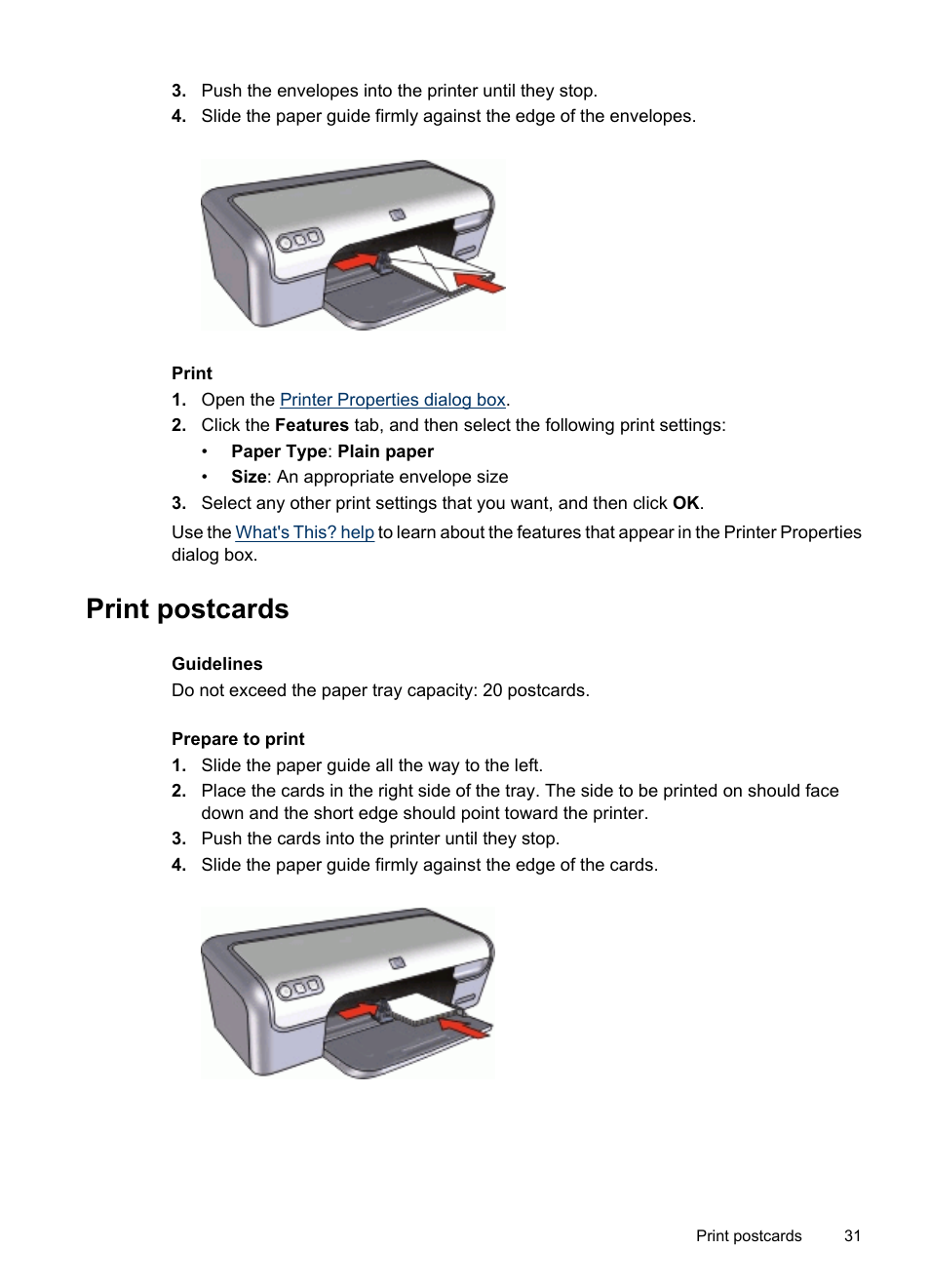 Print postcards, Postcards | HP Deskjet D2445 Printer User Manual | Page 33 / 98