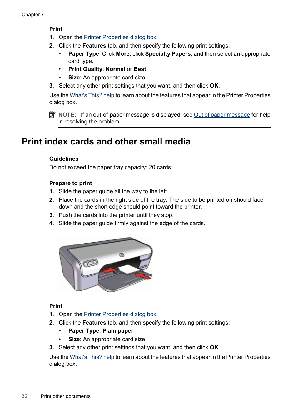Print index cards and other small media, Index cards | HP Deskjet D2445 Printer User Manual | Page 34 / 98