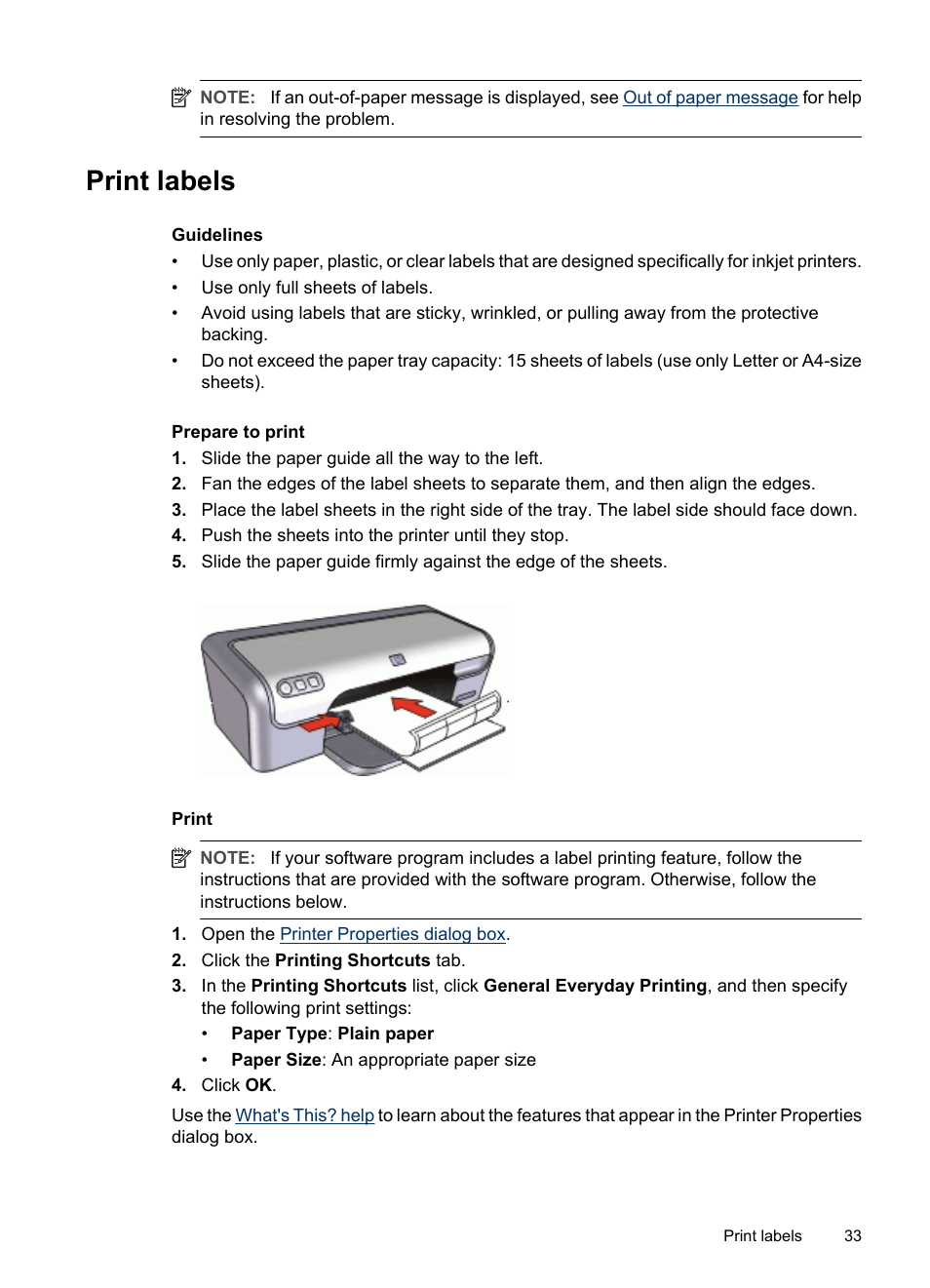 Print labels, Labels | HP Deskjet D2445 Printer User Manual | Page 35 / 98