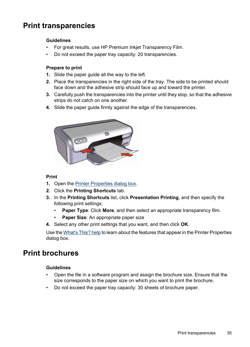 Print transparencies, Print brochures, Transparencies | Brochures | HP Deskjet D2445 Printer User Manual | Page 37 / 98