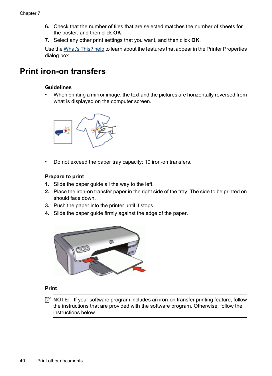 Print iron-on transfers, Iron-on transfers | HP Deskjet D2445 Printer User Manual | Page 42 / 98