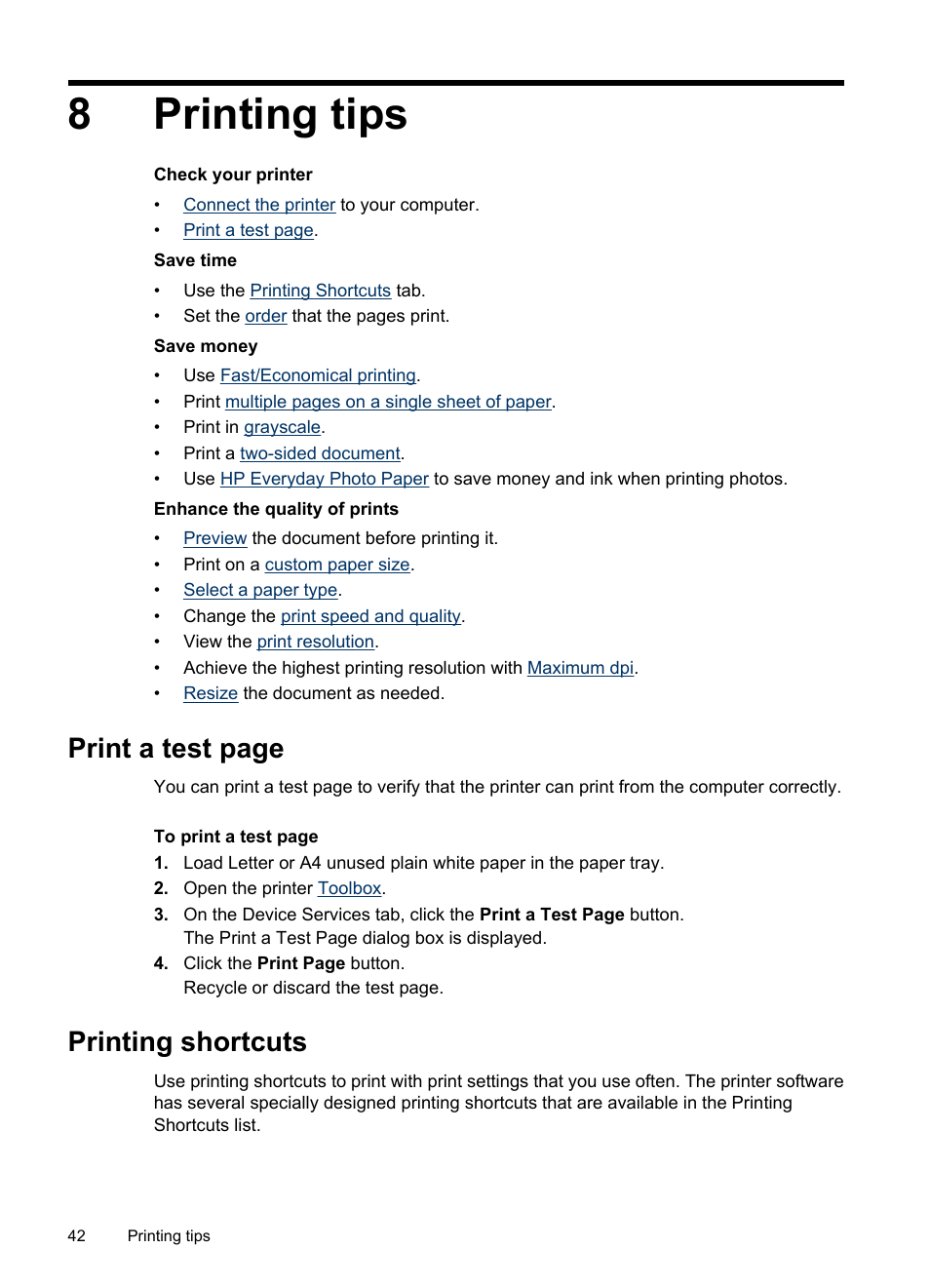 Printing tips, Printing shortcuts, 8 printing tips | Create printing shortcuts, 8printing tips, Print a test page | HP Deskjet D2445 Printer User Manual | Page 44 / 98