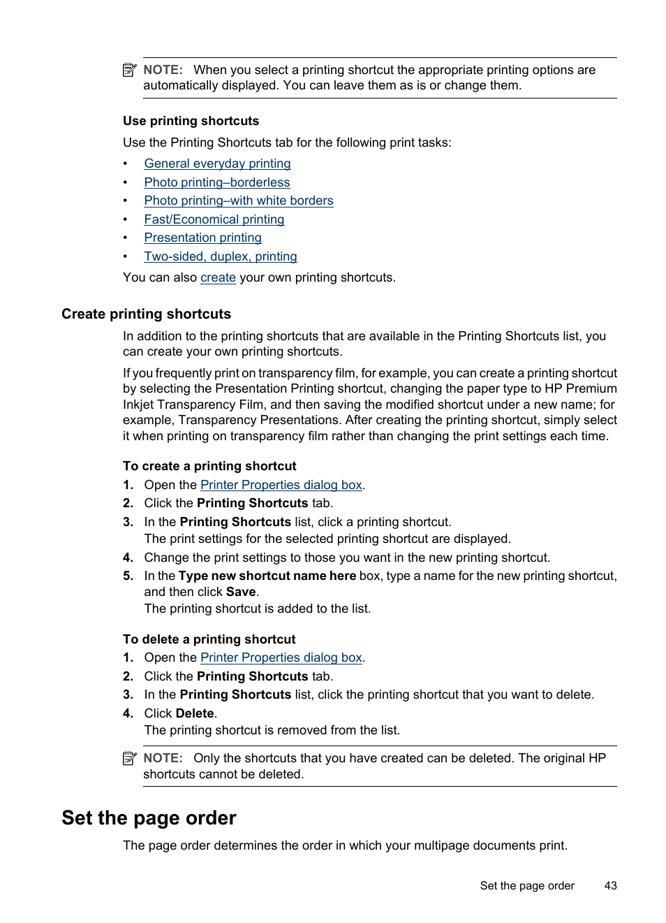 Create printing shortcuts, Order, Set the page order | HP Deskjet D2445 Printer User Manual | Page 45 / 98