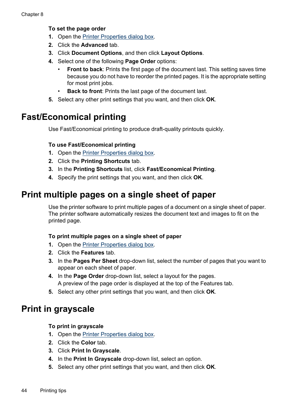 Fast/economical printing, Print in grayscale, Grayscale | Print multiple pages on a single sheet of paper | HP Deskjet D2445 Printer User Manual | Page 46 / 98