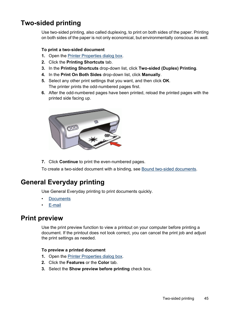 Two-sided printing, Print preview, Two-sided printing print preview | Two-sided document, Preview, General everyday printing, Two-sided, duplex, printing | HP Deskjet D2445 Printer User Manual | Page 47 / 98