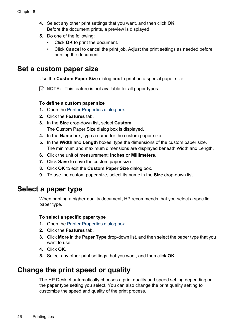 Set a custom paper size, Select a paper type, Change the print speed or quality | Custom paper size, Print speed and quality | HP Deskjet D2445 Printer User Manual | Page 48 / 98