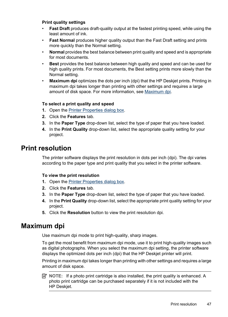 Print resolution, Maximum dpi, Print resolution maximum dpi | HP Deskjet D2445 Printer User Manual | Page 49 / 98