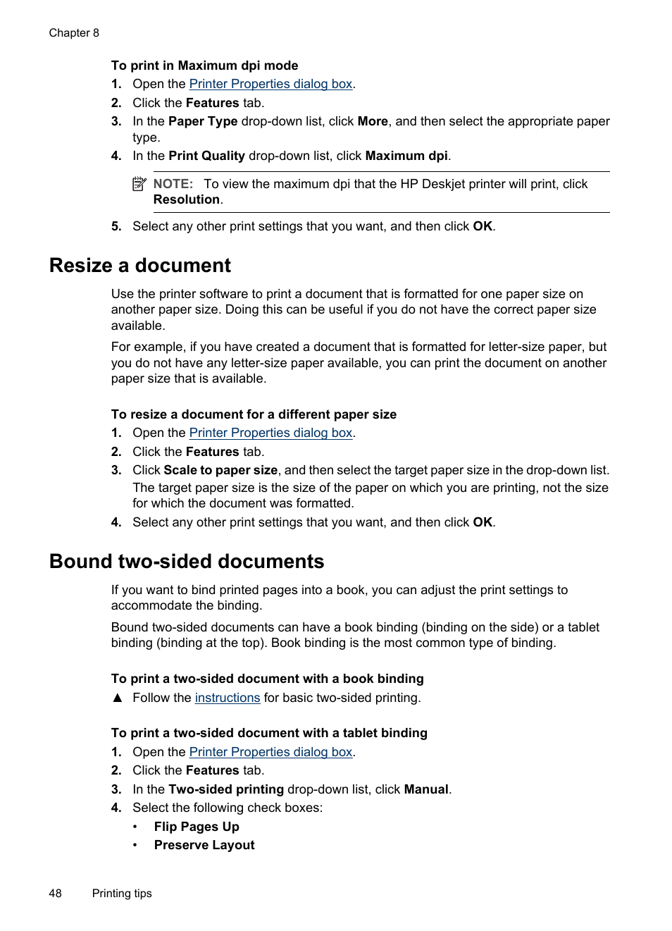 Resize a document, Bound two-sided documents, Resize a document bound two-sided documents | Resize | HP Deskjet D2445 Printer User Manual | Page 50 / 98