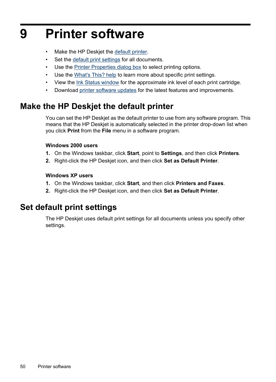 Printer software, Make the hp deskjet the default printer, Set default print settings | 9 printer software, 9printer software | HP Deskjet D2445 Printer User Manual | Page 52 / 98