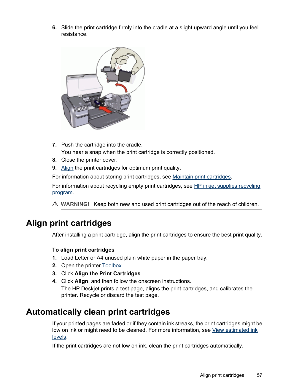 Align print cartridges, Automatically clean print cartridges | HP Deskjet D2445 Printer User Manual | Page 59 / 98