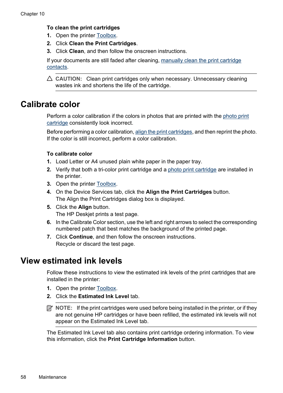 Calibrate color, View estimated ink levels, Calibrate color view estimated ink levels | View estimated ink, Levels | HP Deskjet D2445 Printer User Manual | Page 60 / 98