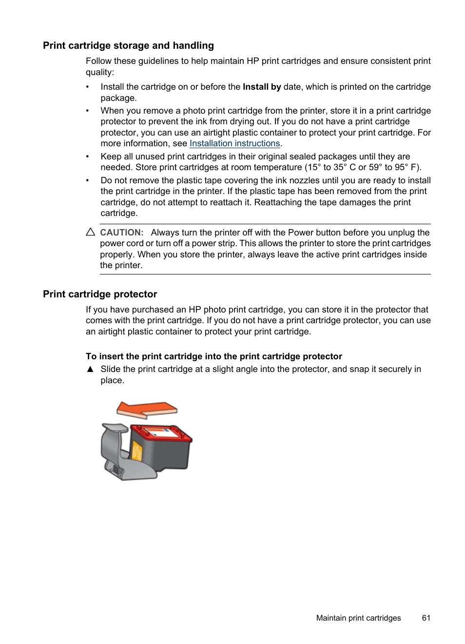 Print cartridge storage and handling, Print cartridge protector | HP Deskjet D2445 Printer User Manual | Page 63 / 98