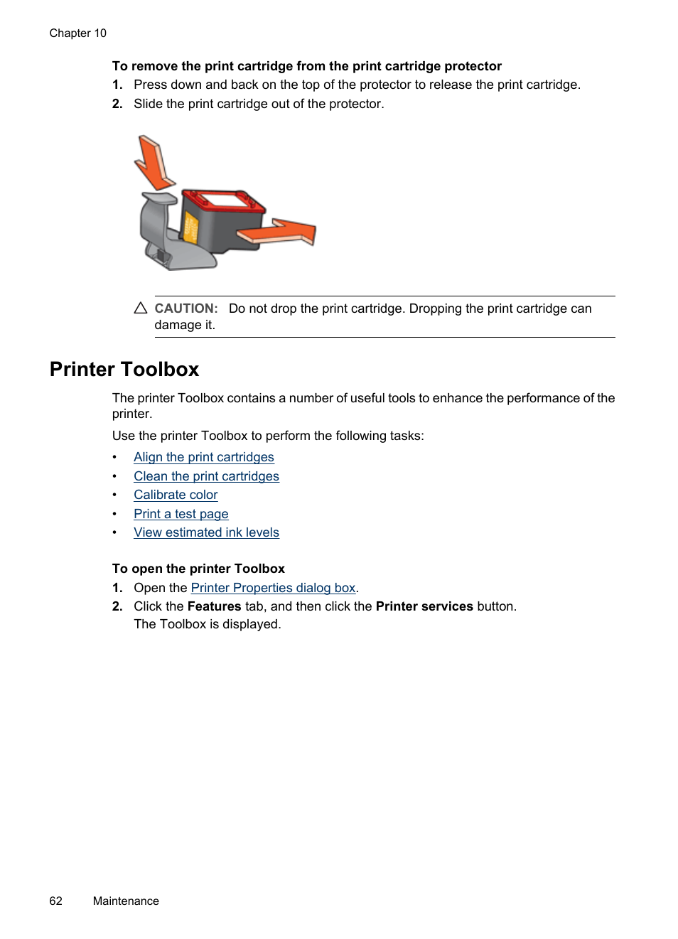 Printer toolbox, Toolbox, Clic | HP Deskjet D2445 Printer User Manual | Page 64 / 98