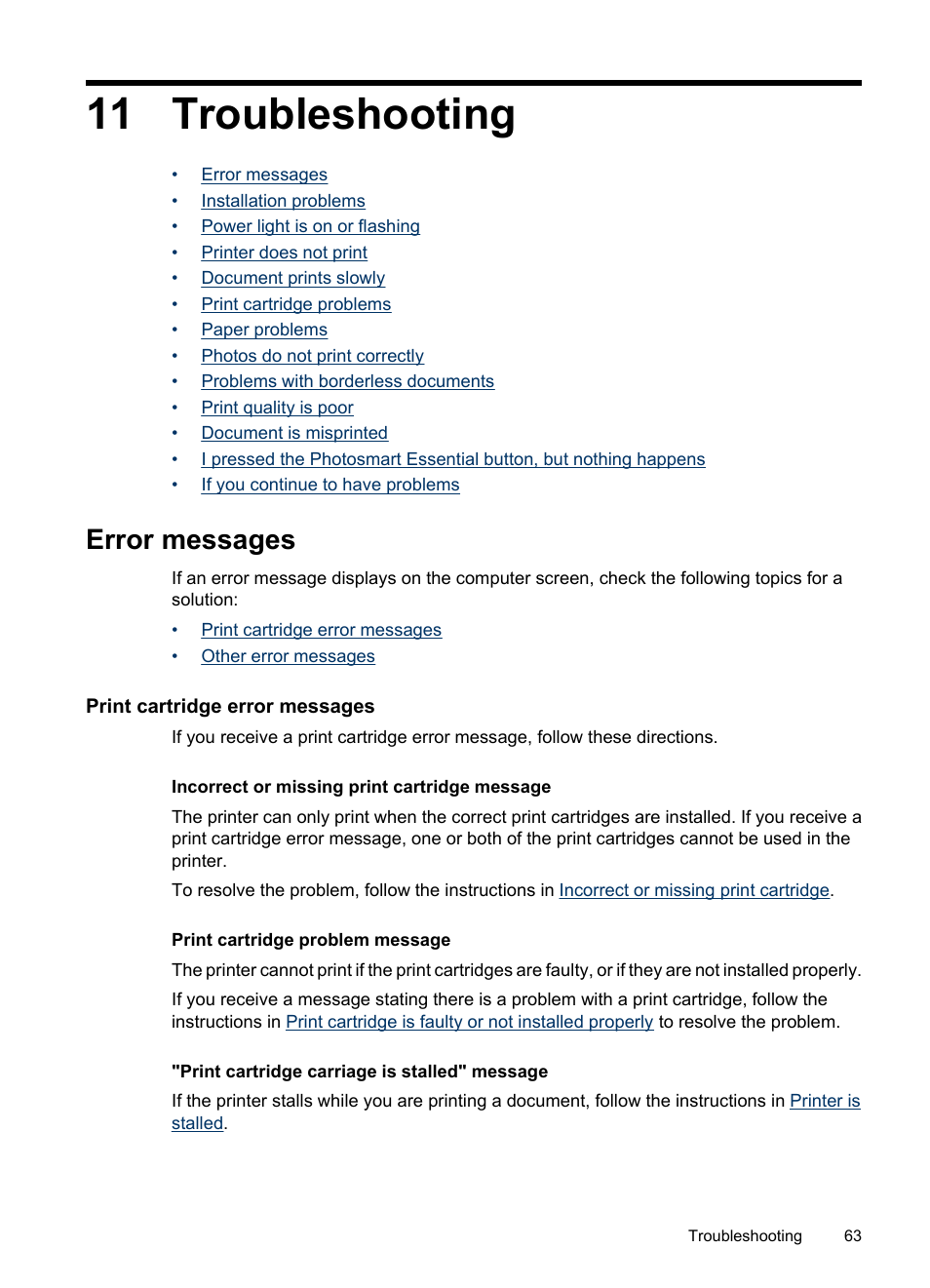 Troubleshooting, Error messages, Print cartridge error messages | 11 troubleshooting | HP Deskjet D2445 Printer User Manual | Page 65 / 98