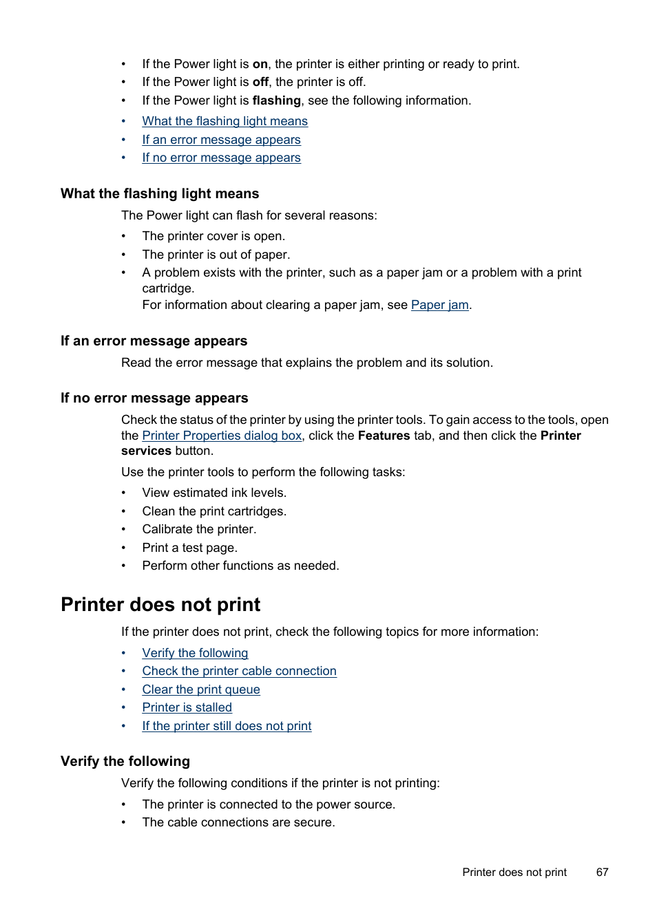 What the flashing light means, If an error message appears, If no error message appears | Printer does not print, Verify the following | HP Deskjet D2445 Printer User Manual | Page 69 / 98