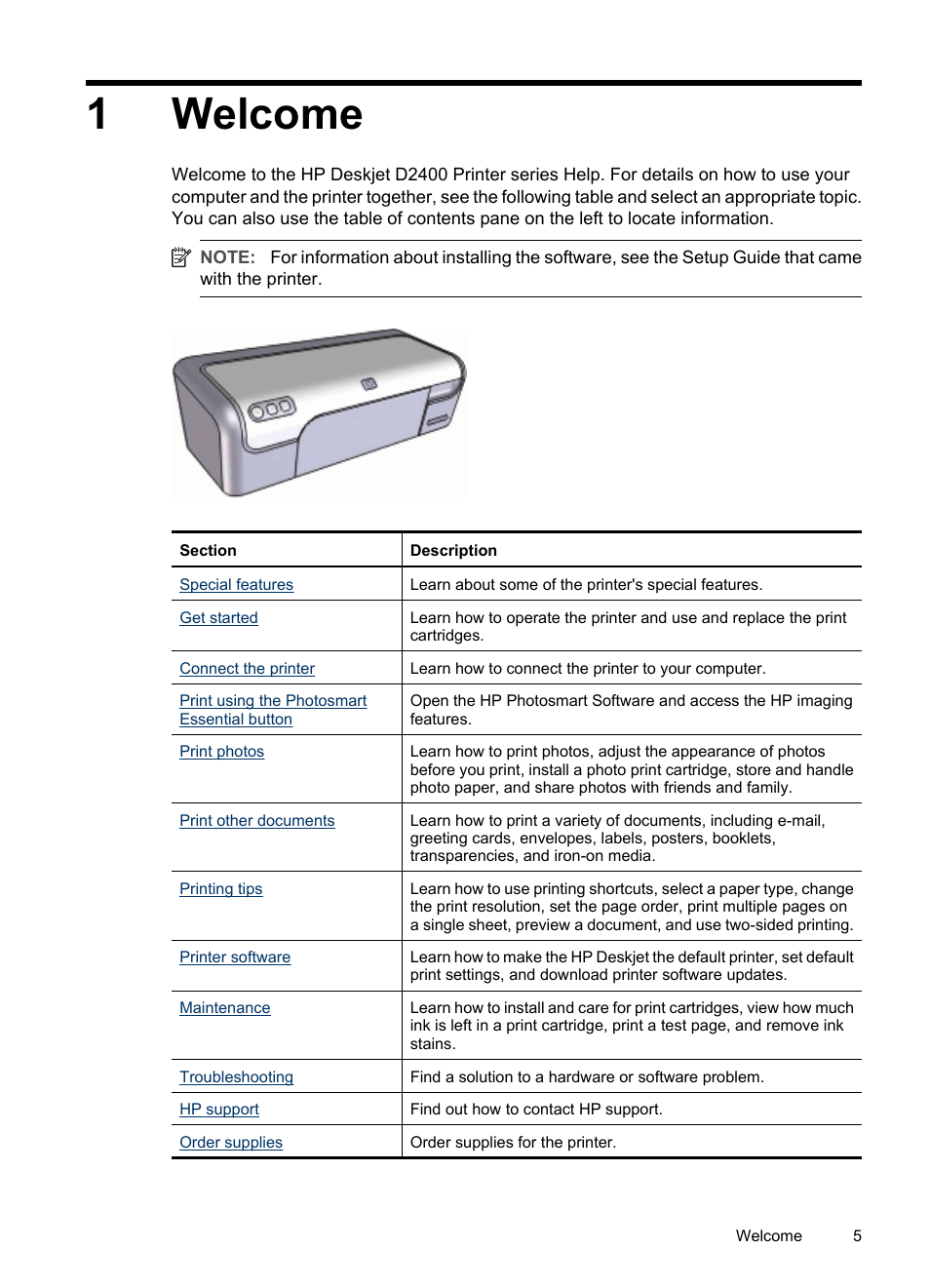 Welcome, 1 welcome, 1welcome | HP Deskjet D2445 Printer User Manual | Page 7 / 98