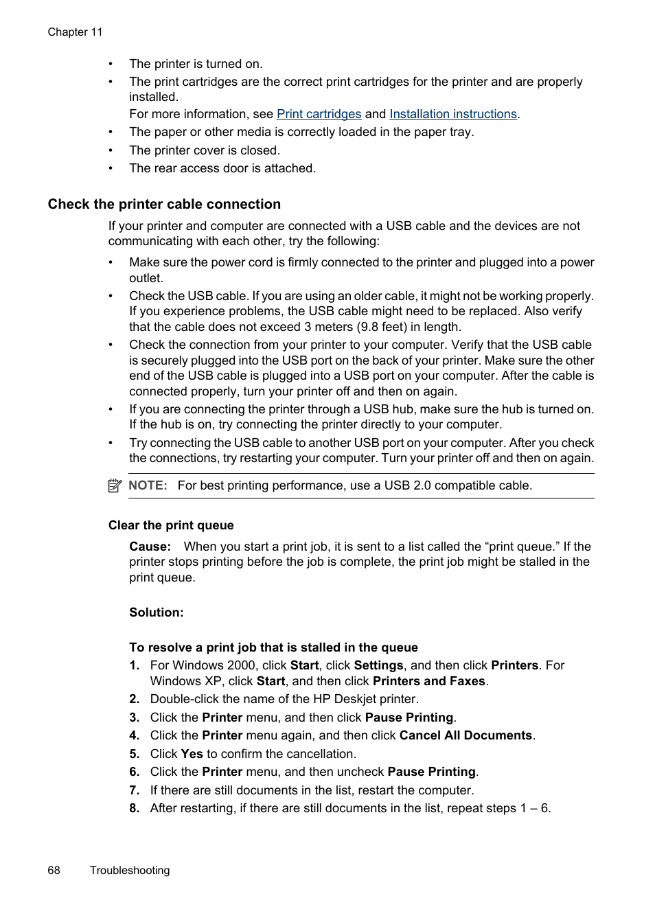 Check the printer cable connection, Clear the print queue | HP Deskjet D2445 Printer User Manual | Page 70 / 98