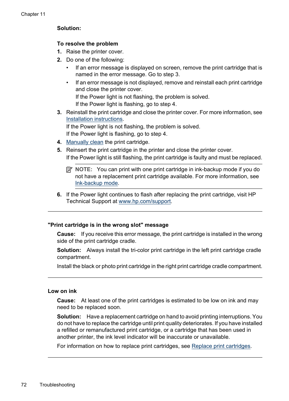 Print cartridge is in the wrong slot, Message, Print cartridge is in the wrong slot" message | Low on ink | HP Deskjet D2445 Printer User Manual | Page 74 / 98