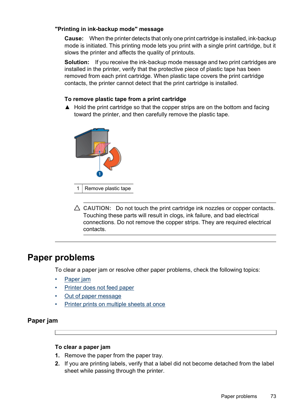 Paper problems, Paper jam, Printing in ink-backup mode | Message, Printing in ink-backup mode" message | HP Deskjet D2445 Printer User Manual | Page 75 / 98