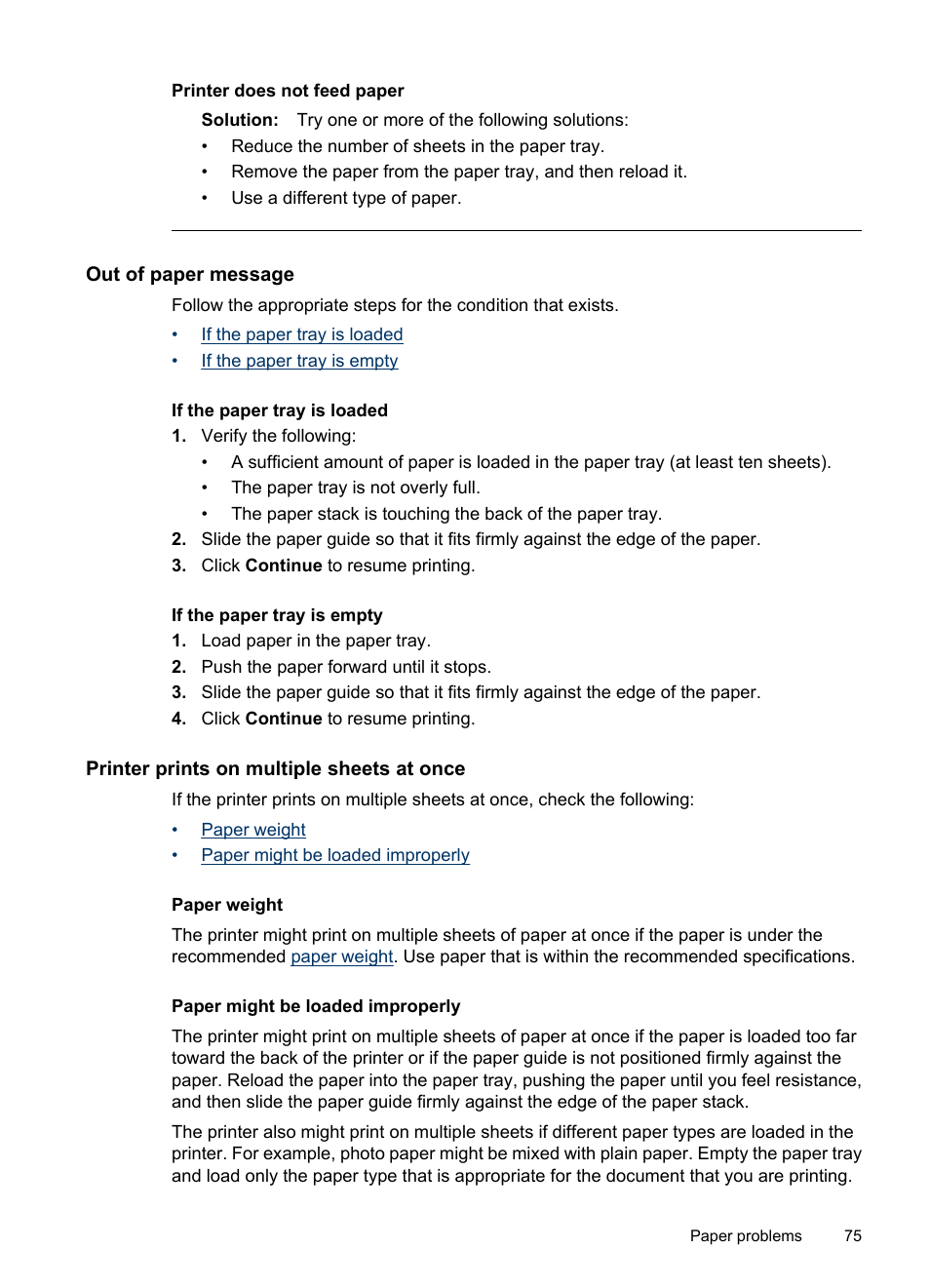 Out of paper message, Printer prints on multiple sheets at once, For help | Printer does not feed paper | HP Deskjet D2445 Printer User Manual | Page 77 / 98