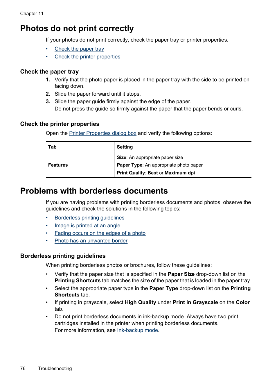 Photos do not print correctly, Check the paper tray, Check the printer properties | Problems with borderless documents, Borderless printing guidelines, Check the paper tray check the printer properties | HP Deskjet D2445 Printer User Manual | Page 78 / 98