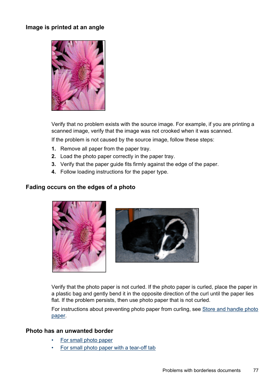 Image is printed at an angle, Fading occurs on the edges of a photo, Photo has an unwanted border | HP Deskjet D2445 Printer User Manual | Page 79 / 98