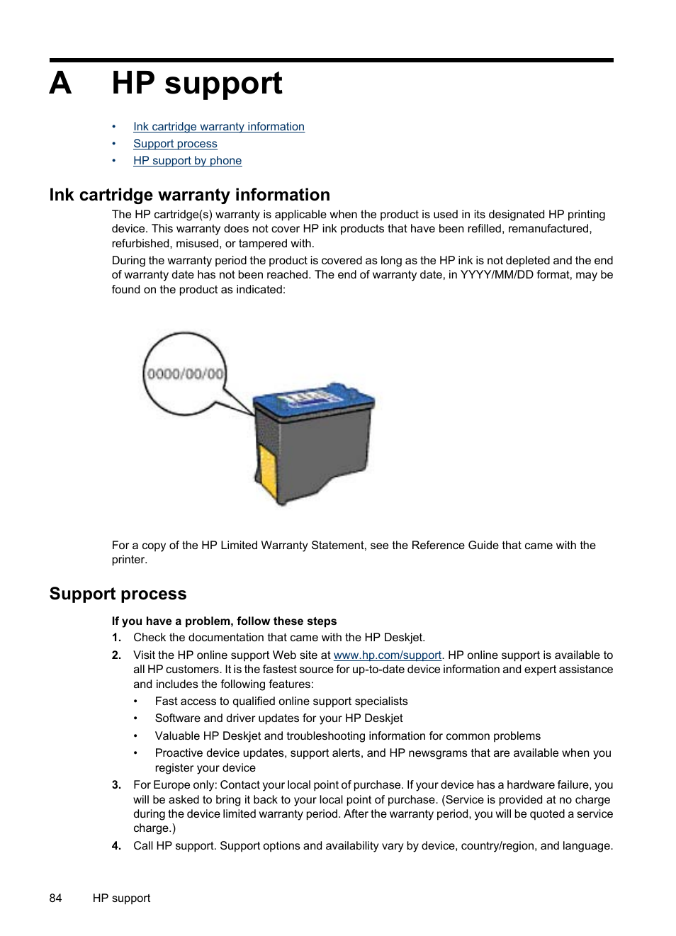 Hp support, Ink cartridge warranty information, Support process | A hp support, Ink cartridge warranty information support process, Ahp support | HP Deskjet D2445 Printer User Manual | Page 86 / 98