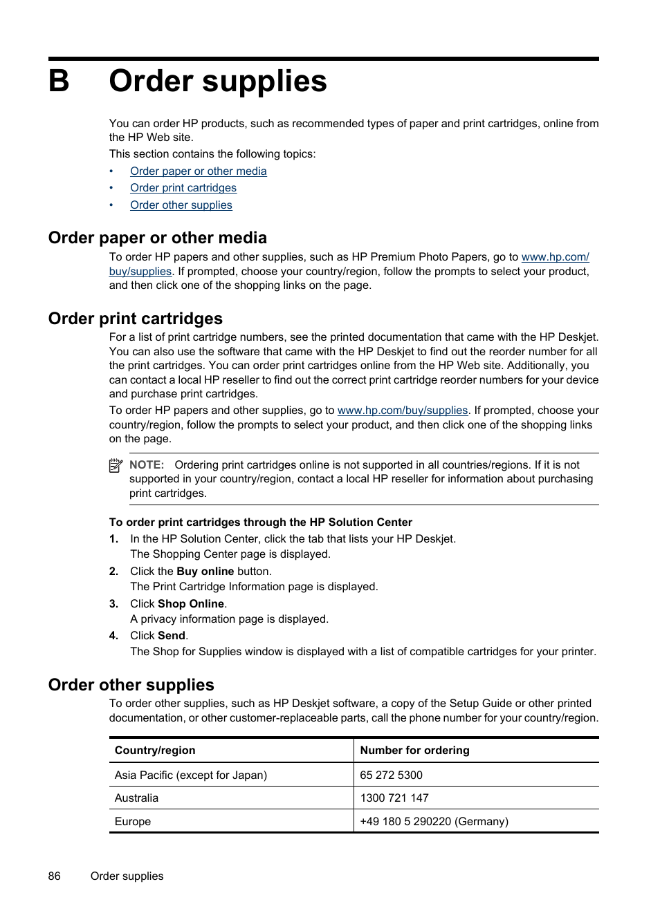 Order supplies, Order paper or other media, Order print cartridges | Order other supplies, B order supplies, Border supplies | HP Deskjet D2445 Printer User Manual | Page 88 / 98