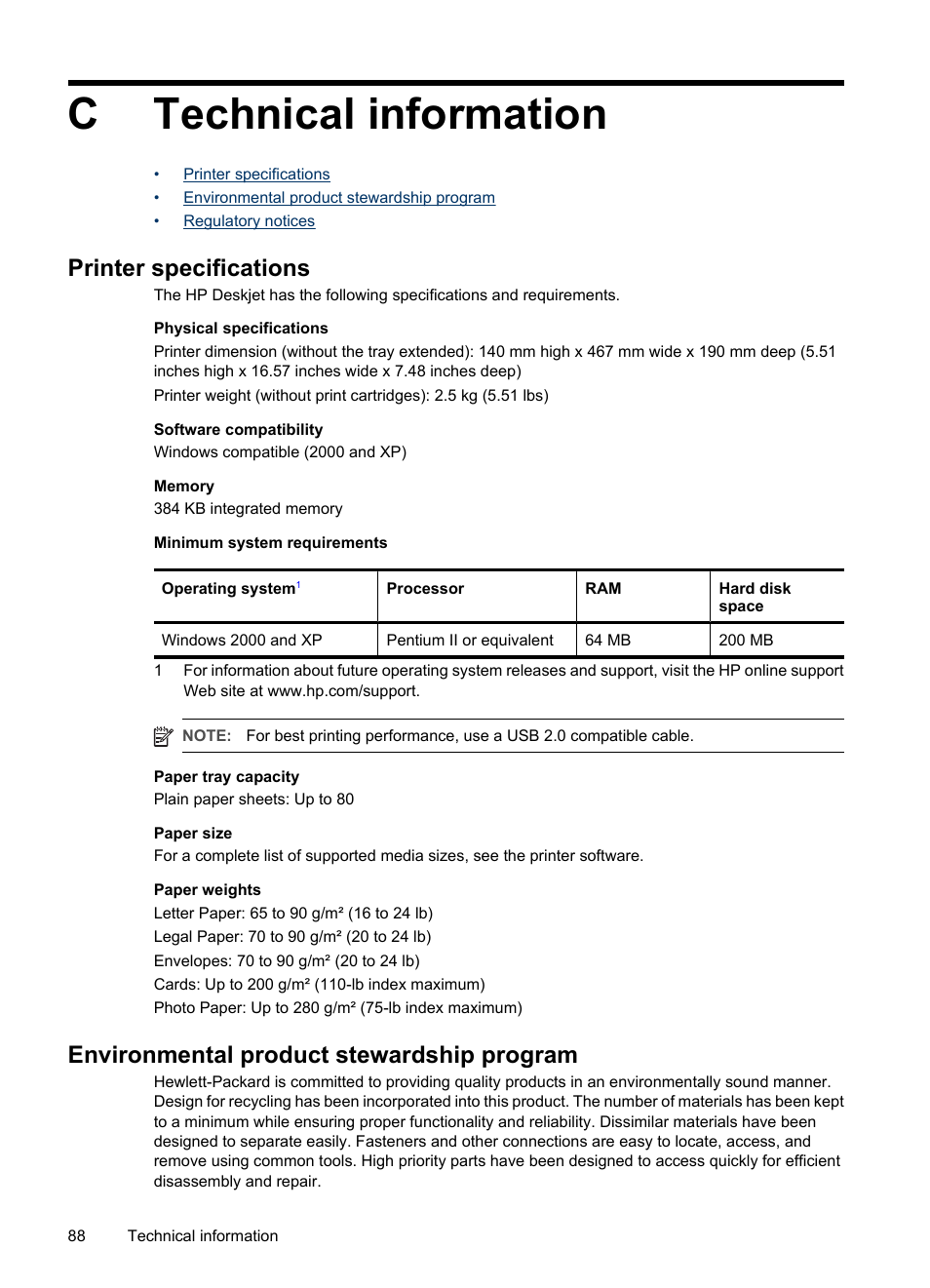 Technical information, Printer specifications, Environmental product stewardship program | C technical information, Printer, Specifications, Paper weight, Ctechnical information | HP Deskjet D2445 Printer User Manual | Page 90 / 98