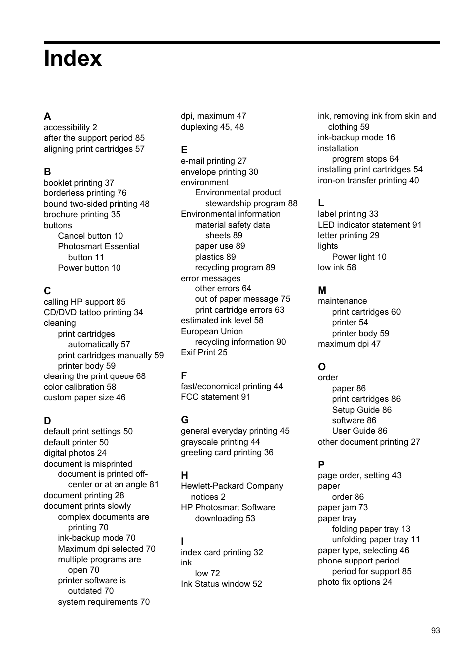 Index | HP Deskjet D2445 Printer User Manual | Page 95 / 98