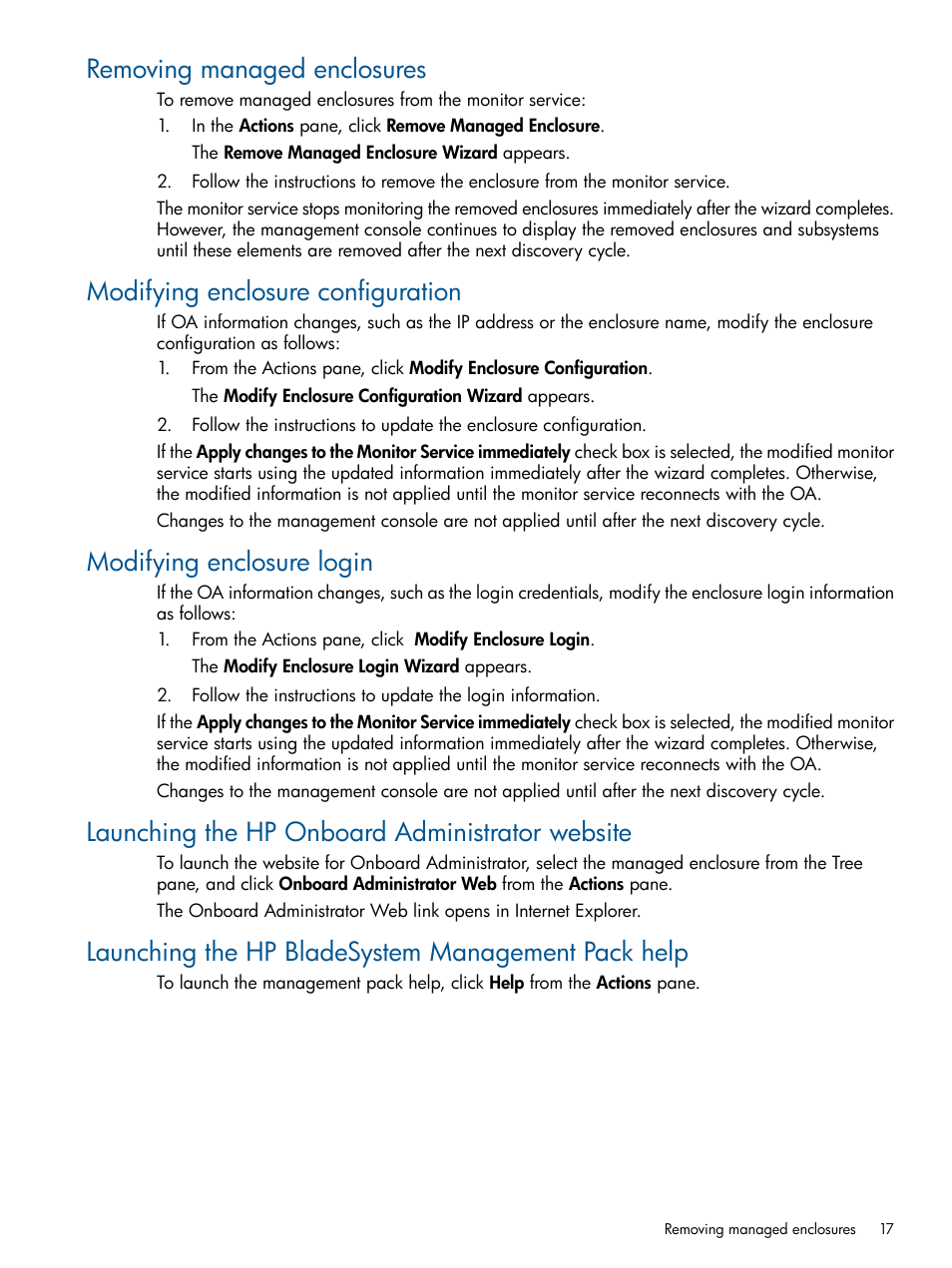 Removing managed enclosures, Modifying enclosure configuration, Modifying enclosure login | Launching the hp onboard administrator website, Launching the hp bladesystem management pack help | HP OneView for Microsoft System Center User Manual | Page 17 / 60