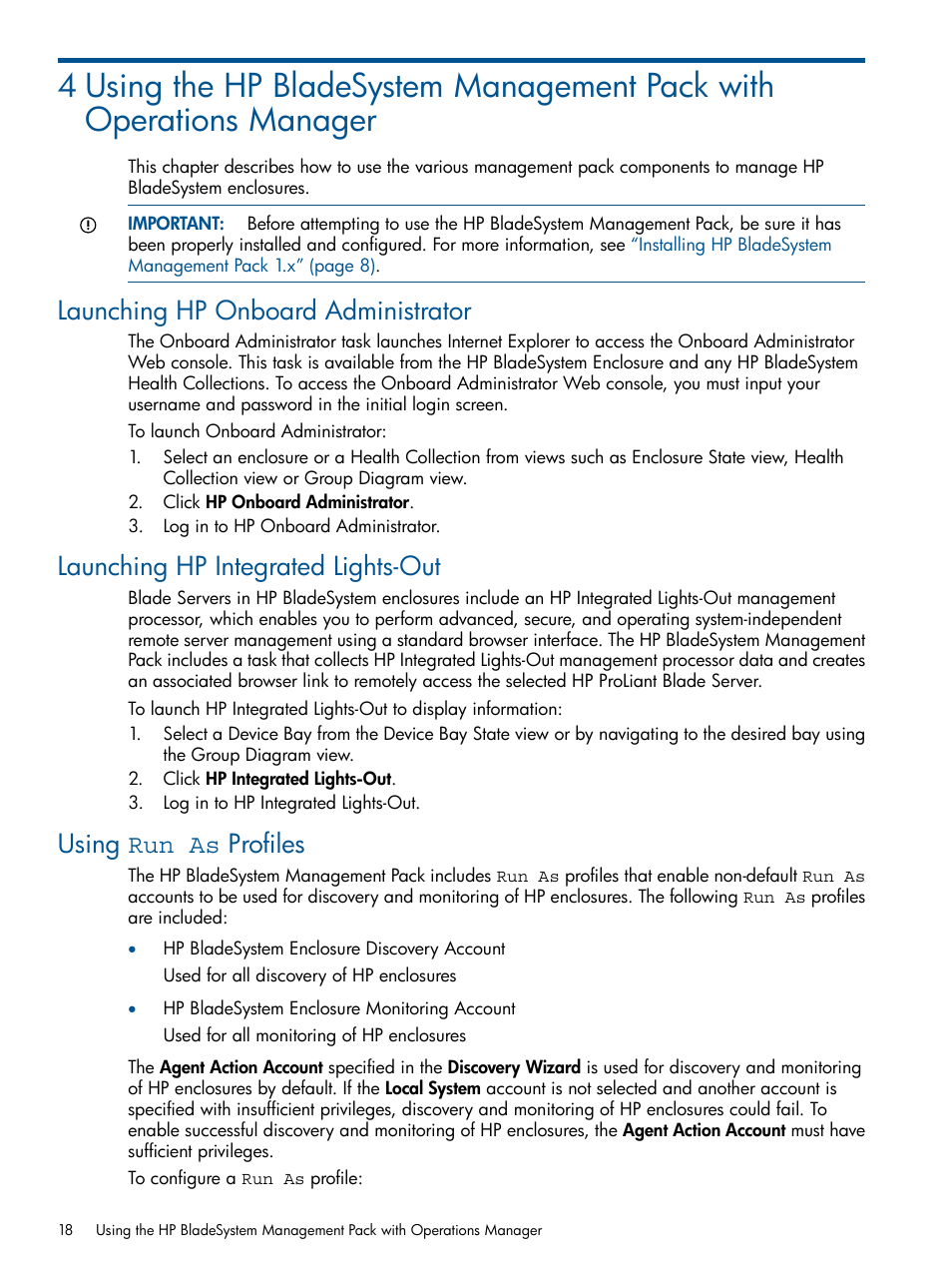 Launching hp onboard administrator, Launching hp integrated lights-out, Using run as profiles | HP OneView for Microsoft System Center User Manual | Page 18 / 60