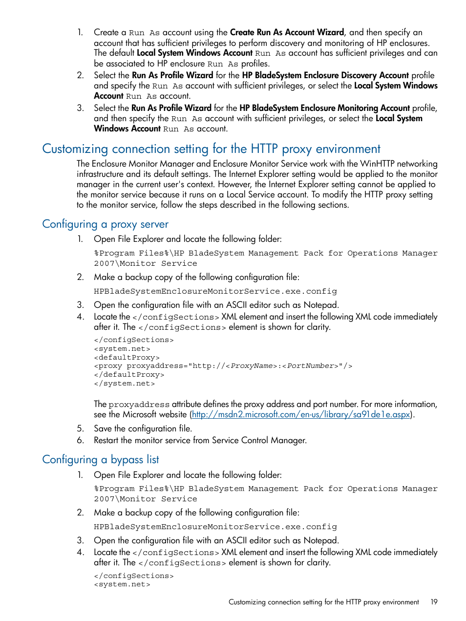 Configuring a proxy server, Configuring a bypass list | HP OneView for Microsoft System Center User Manual | Page 19 / 60