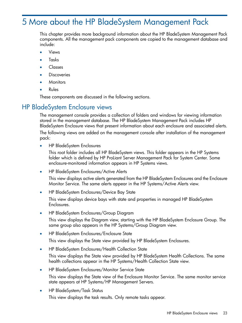 5 more about the hp bladesystem management pack, Hp bladesystem enclosure views | HP OneView for Microsoft System Center User Manual | Page 23 / 60