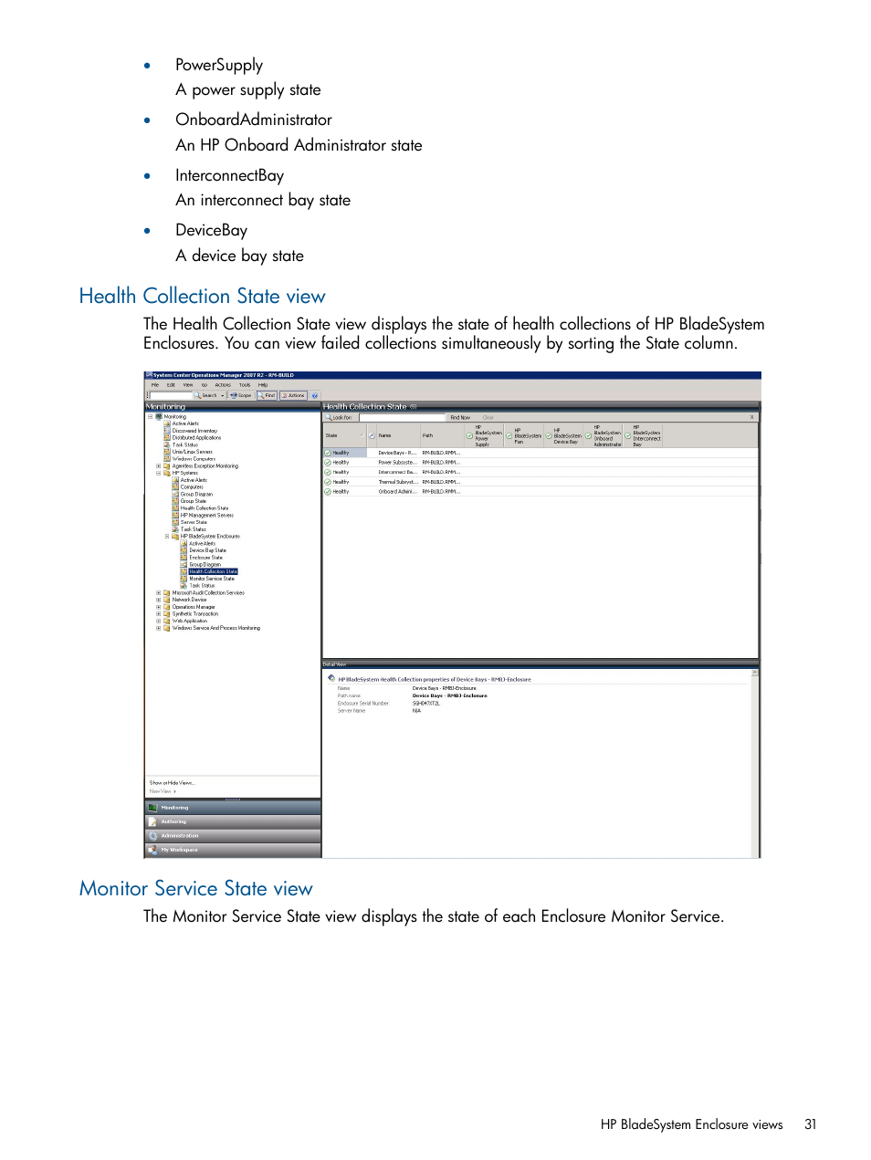 Health collection state view, Monitor service state view | HP OneView for Microsoft System Center User Manual | Page 31 / 60