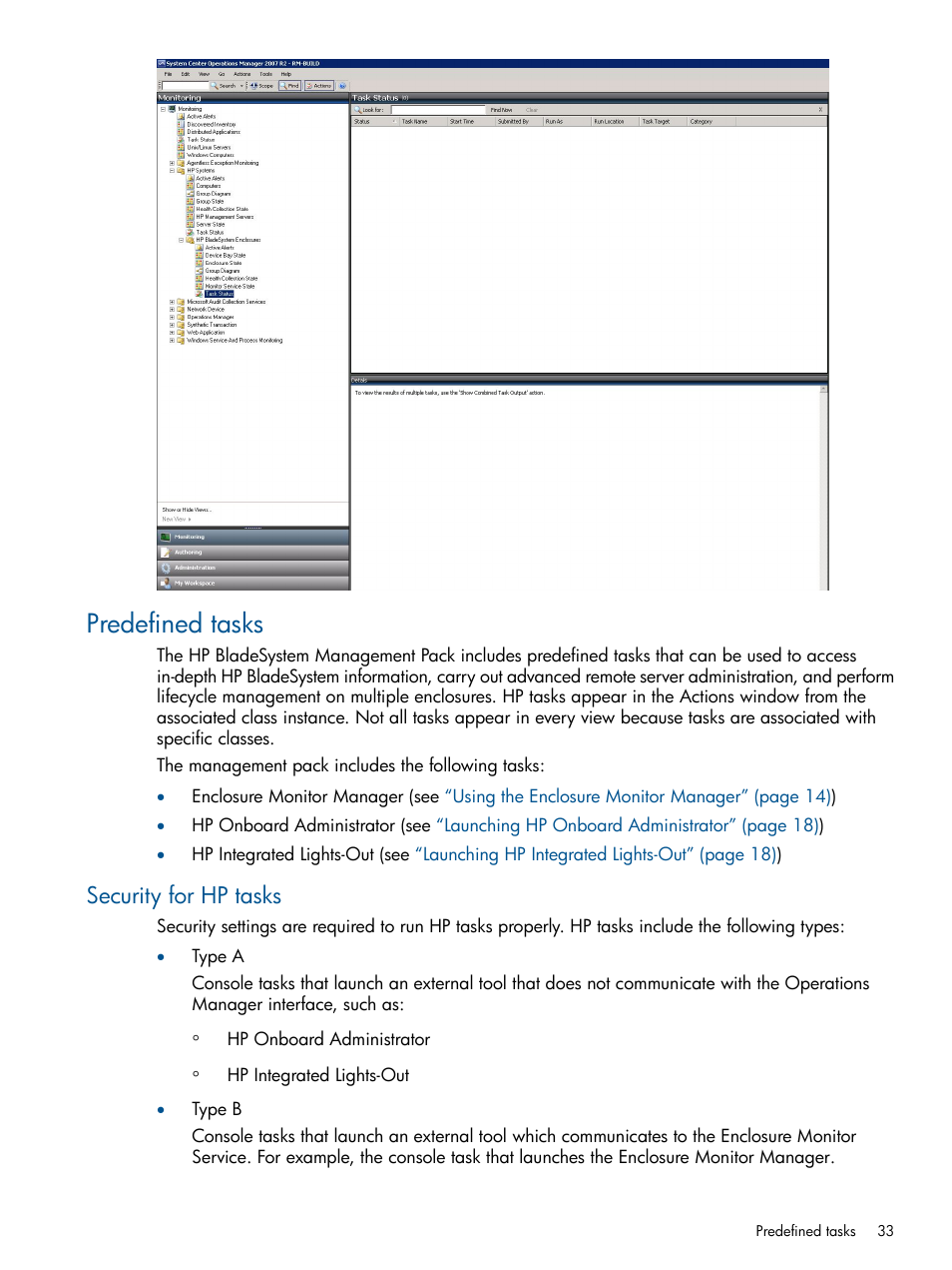 Predefined tasks, Security for hp tasks | HP OneView for Microsoft System Center User Manual | Page 33 / 60