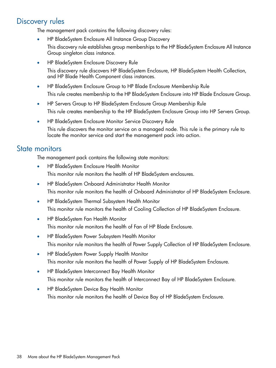 Discovery rules, State monitors, Discovery rules state monitors | HP OneView for Microsoft System Center User Manual | Page 38 / 60