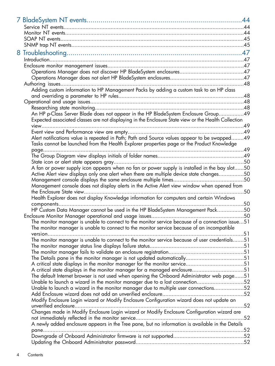 7 bladesystem nt events, 8 troubleshooting | HP OneView for Microsoft System Center User Manual | Page 4 / 60